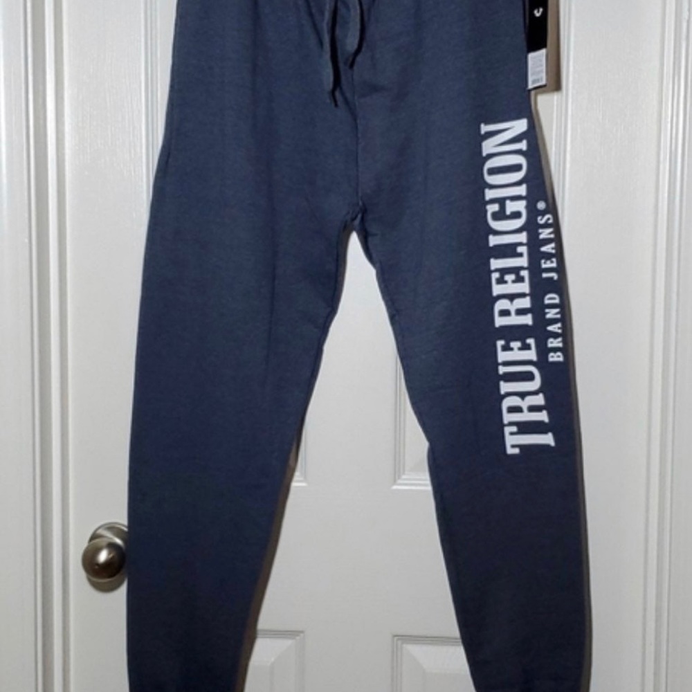 NWT Men’s Medium and Large True Religion Heather Blue Joggers with White Logo